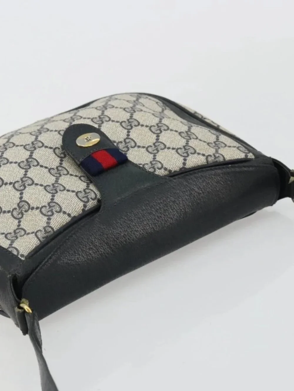 GUCCI GG Supreme Sherry Line Shoulder Bag PVC Navy Gold 10 02 056 Auth YKZ1259